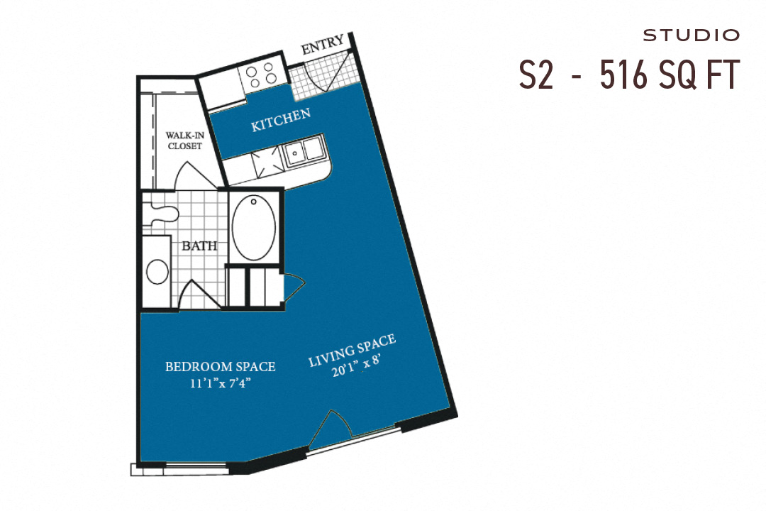 Floor plan for studio, 1 bath, 516 sqft